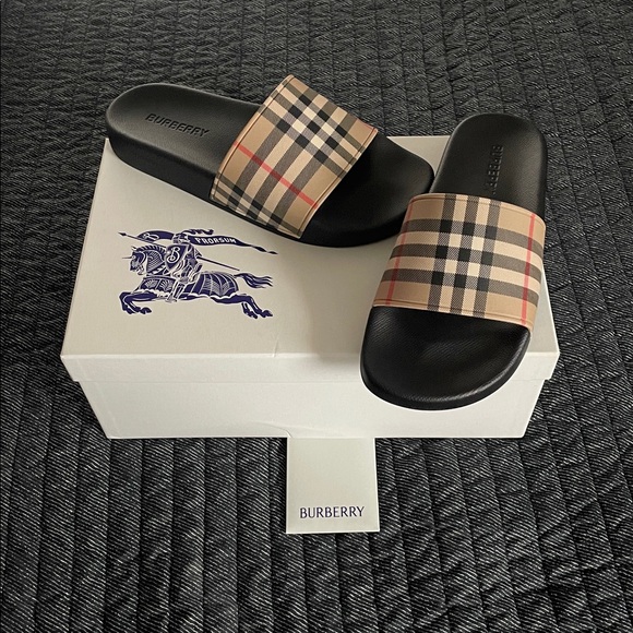 Burberry Shoes - Burberry Beige and Black Check Slides
